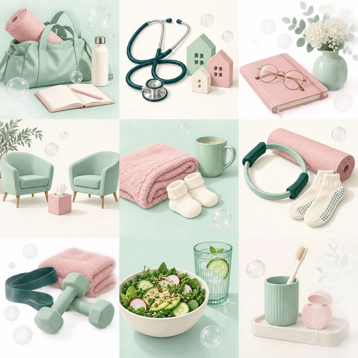 A mint tote, blush exercise mat, water bottle and open journal. Original illustrative artwork.